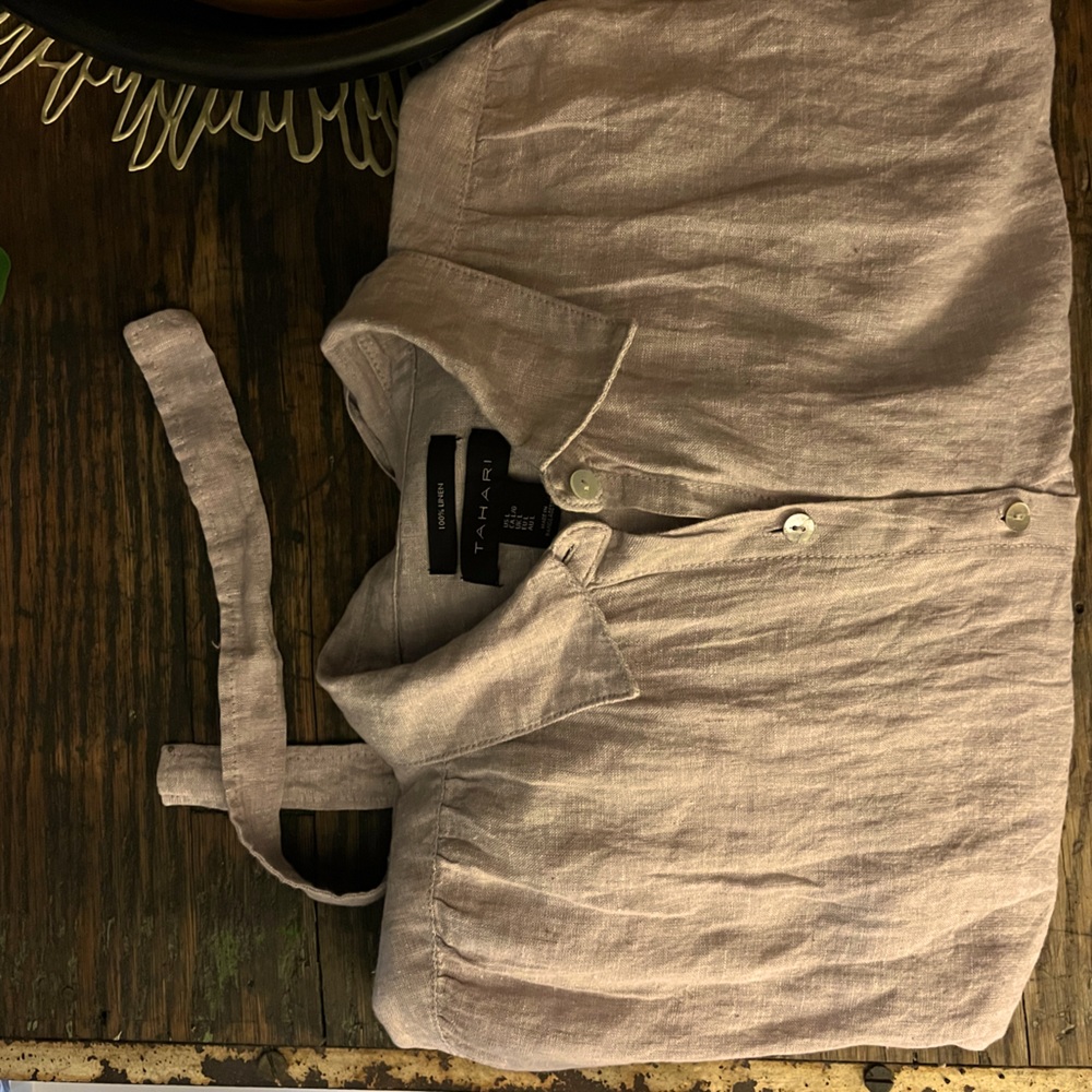 Tan linen midi Tahari dress with strap belt.